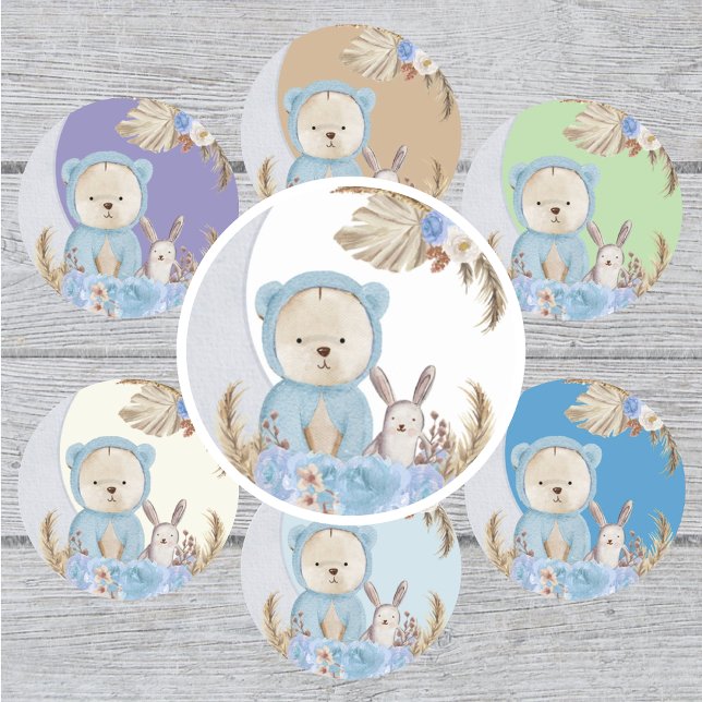 Blue Boho Bear Moon Bunny Floral Classic Round Sticker (Creator Uploaded)