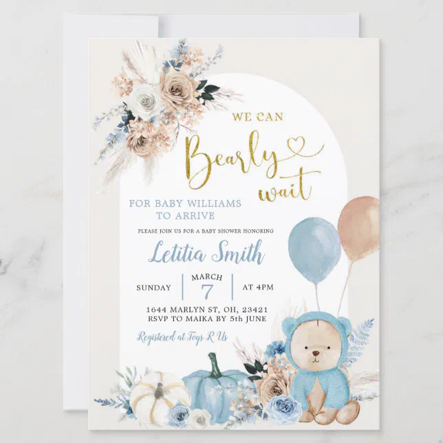 Blue Boho Bear Pumpkin Boy Baby Shower Invitation | Zazzle