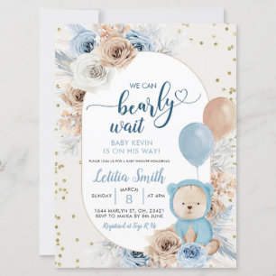 Blue boho bearly wait boy baby shower invitation