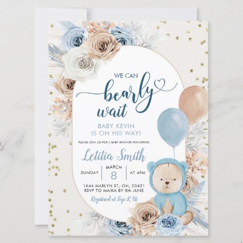 Blue boho bearly wait boy baby shower invitation