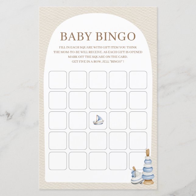  Blue Boho Blocks And Toys Baby Shower Bingo Game (Front)