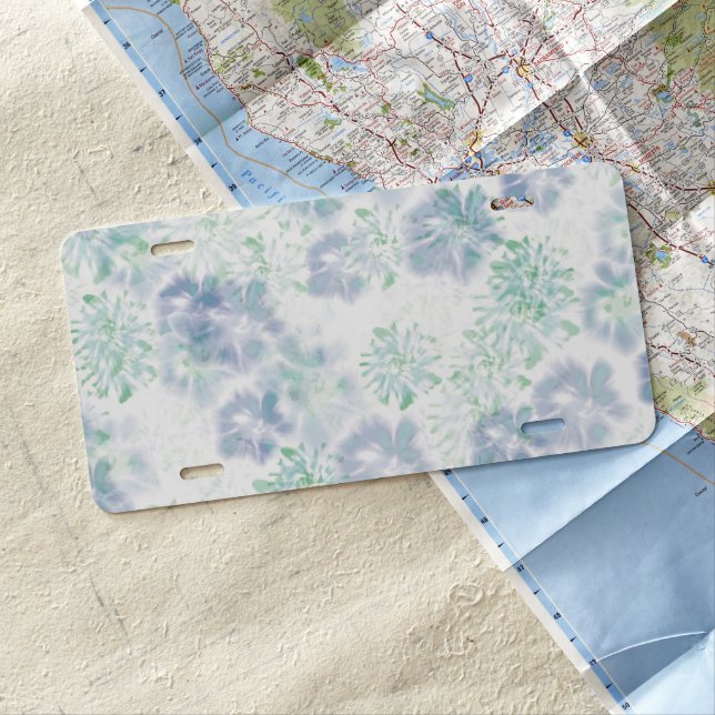 Blue Boho Blooming Flowers Floral Tie Dye Pattern  License Plate (In Situ)