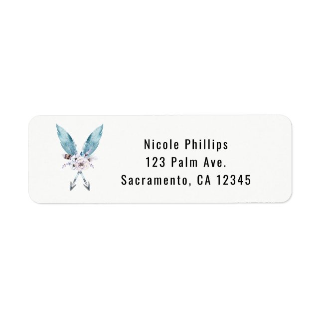 Blue Boho Bohemian Arrows Feather Floral Party Label (Front)