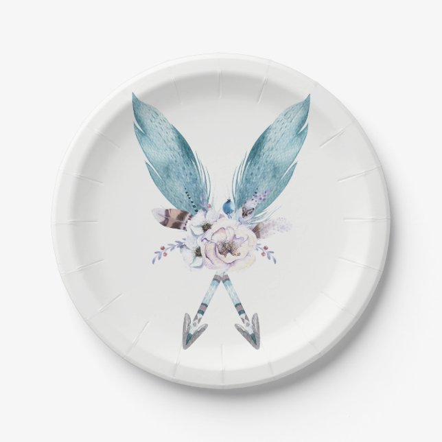 Blue Boho Bohemian Arrows Feather Floral Party Paper Plates (Front)