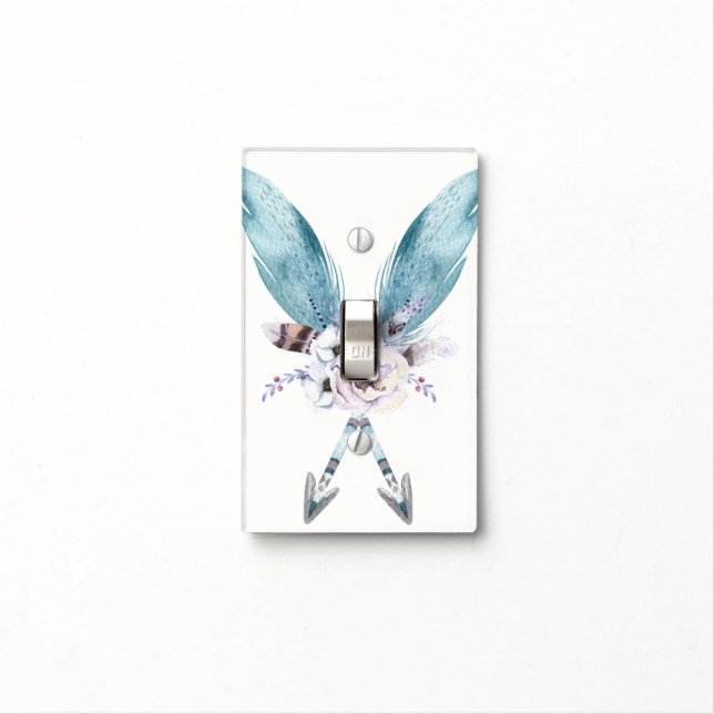 Blue Boho Bohemian Chic Arrows Feather Floral Light Switch Cover (In Situ)