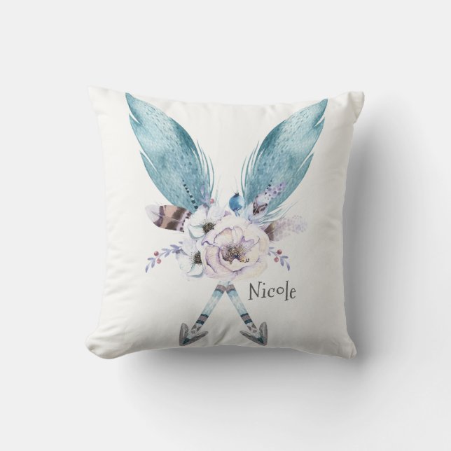Blue Boho Bohemian Chic Arrows Feather Floral Throw Pillow (Front)