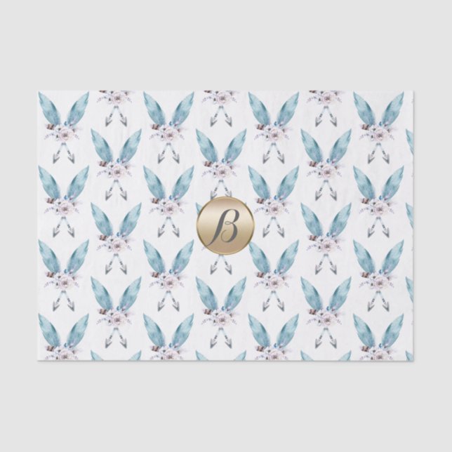 Blue Boho Bohemian Feather Monogram Personalized Tissue Paper (Front)