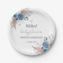 Blue boho boy baby shower paper plates