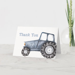 Blue Boho Boy Watercolor Tractor Baby Shower Letterpress Thank You Card