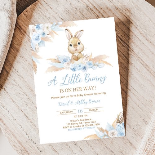 Blue Boho Bunny Baby Shower Invitation