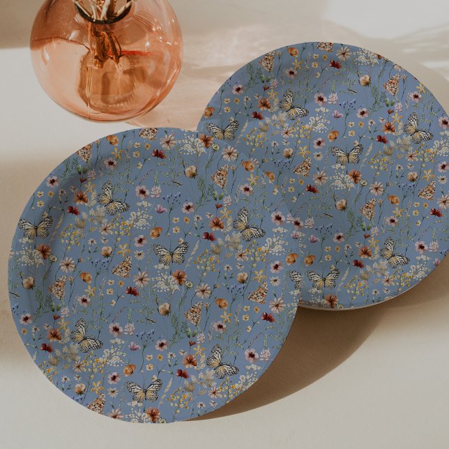 Blue Boho Butterflies Paper Plates (Dusty Blue Boho Floral Butterflies Paper Plates by Painted Paperie
)