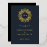 Blue Boho Celestial Sun Monogram Save Date Foil Invitation<br><div class="desc">Gold Foil Pressed Dark Blue Celestial Monogram Wedding Save the Date Card with your monogram in a geometric sun drawing,  elegant typography and a black backer. All colors can be changed.</div>