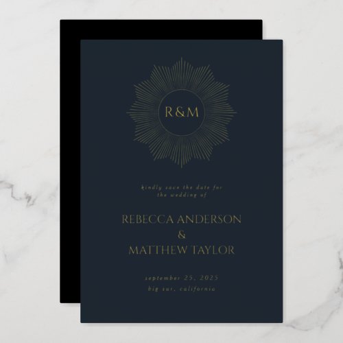 Blue Boho Celestial Sun Monogram Save Date Foil Invitation