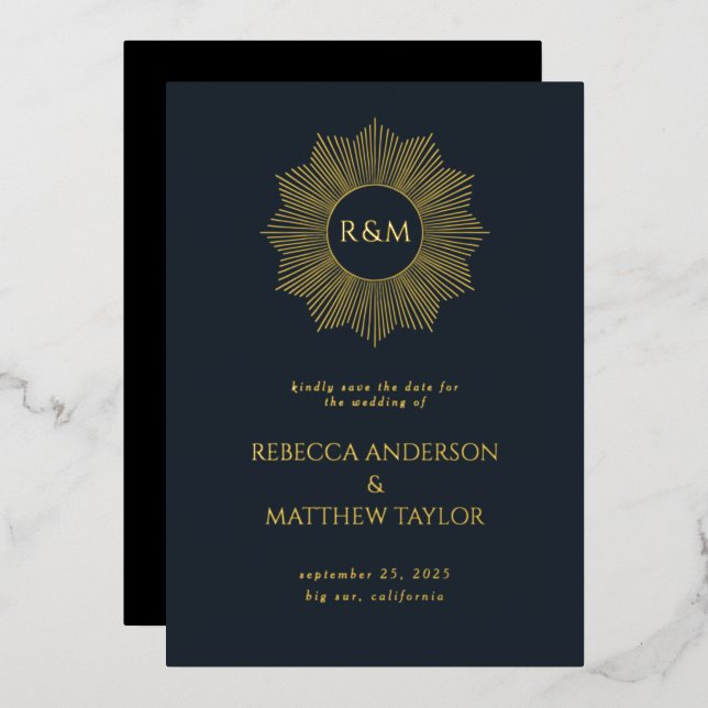 Blue Boho Celestial Sun Monogram Save Date Foil Invitation (Front/Back)