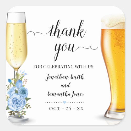 Blue boho chic bubbles and brews Thank you wedding Square Sticker