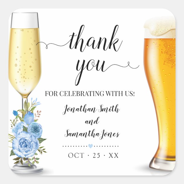 Blue boho chic bubbles and brews Thank you wedding Square Sticker (Front)
