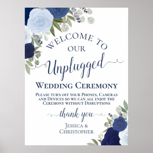 Blue Boho Chic Floral Unplugged Wedding Ceremony Poster