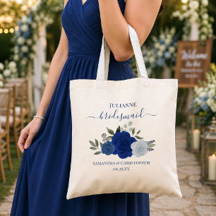 Blue Boho Chic Roses Bridesmaid Wedding Favor Tote Bag