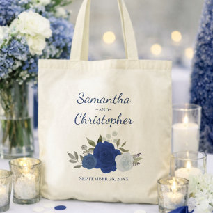 Blue Boho Chic Roses Couple's Names Wedding  Tote Bag