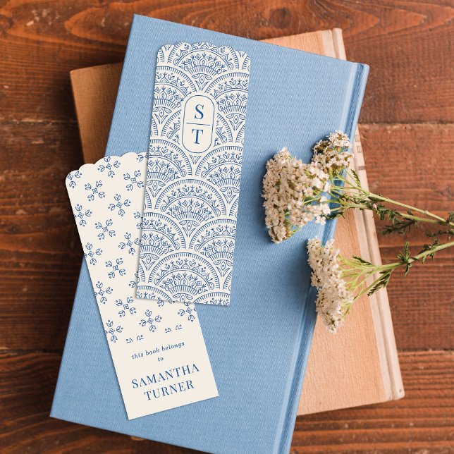 Blue Boho Chic Scallop Pattern Monogram Bookmark (Creator Uploaded)