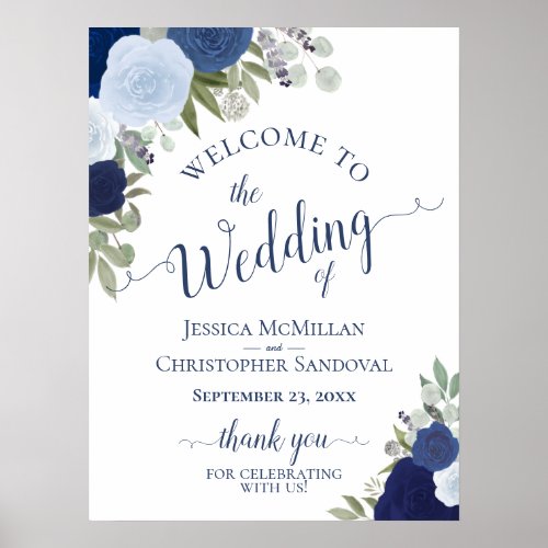 Blue Boho Chic Watercolor Roses Wedding Welcome Poster
