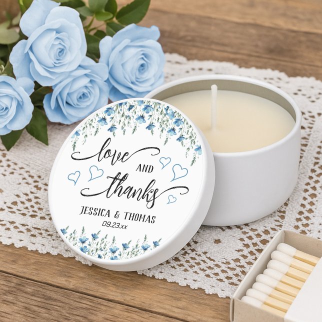 Blue Boho Chic Wildflowers Love & Thanks Wedding Mini Candle Favors (Creator Uploaded)
