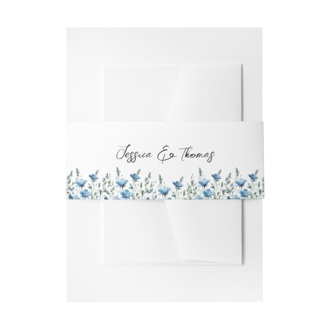 Blue Boho Chic Wildflowers White Wedding Invitation Belly Band (Front Example)
