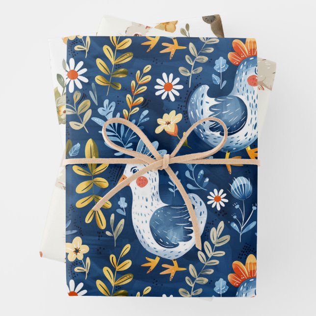 Blue boho chicken nursery seamless pattern wrapping paper sheets (In situ)