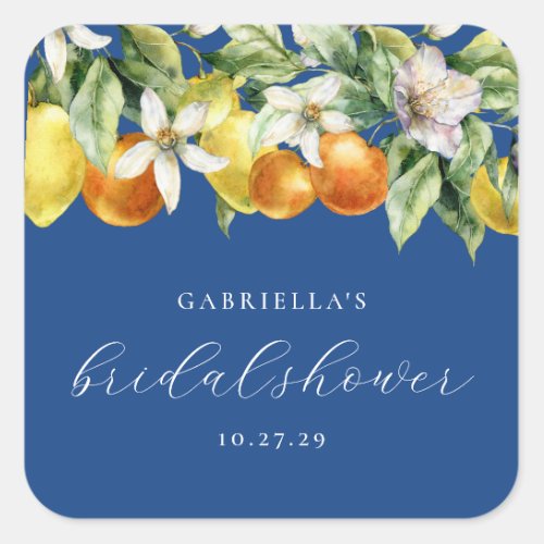 Blue Boho Citrus Lemon Orange Bridal Shower  Square Sticker