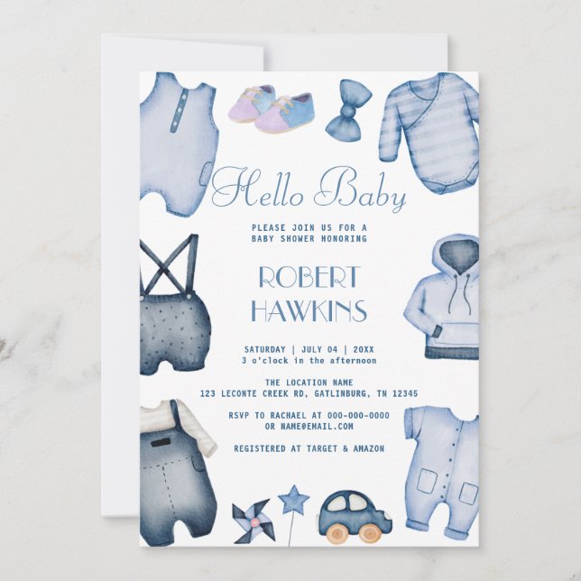 Blue Boho Clothes Boy Baby Shower Invitation (Front)
