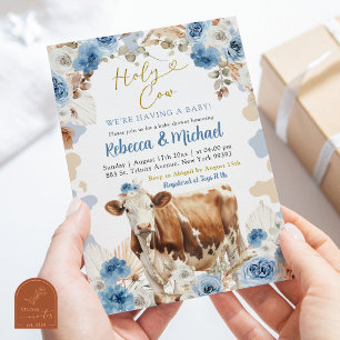 Blue Boho Cow Farm Boy Baby Shower Invitation