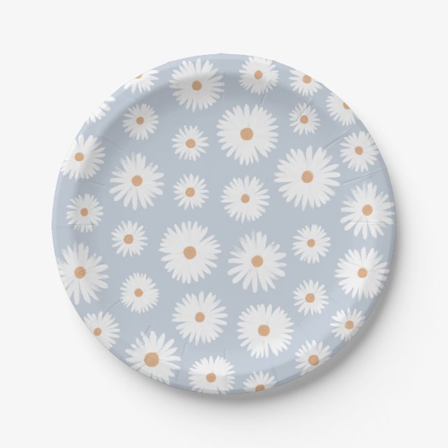 Blue Boho Daisy Birthday Party Paper Plates (Front)