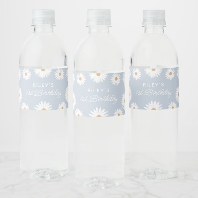 Blue Boho Daisy Birthday Party Water Bottle Label (Bottles)