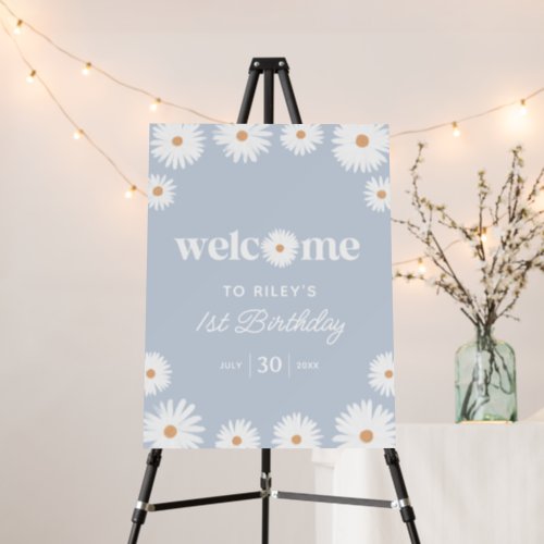 Blue Boho Daisy Birthday Party Welcome Sign