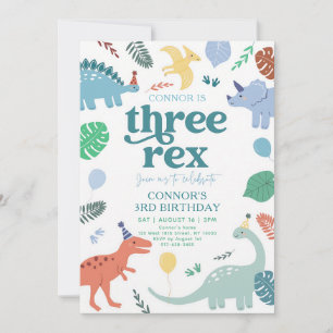 Blue Boho Dinosaur Three Rex 3rd Birthday Invitation