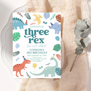 Blue Boho Dinosaur Three Rex 3rd Birthday Invitation