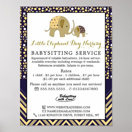 Blue Boho Elephant Babysitter Daycare Nursery Poster