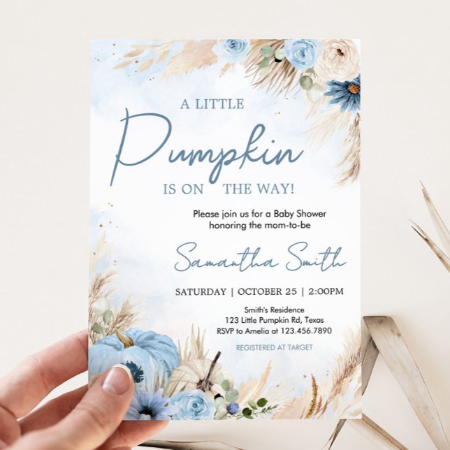 Blue Boho Fall Pumpkin Baby Shower  Invitation (Blue Boho Autumn Fall Pumpkin Pampas Grass Baby Shower Invitation)