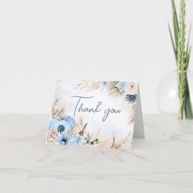 Blue Boho Fall Pumpkin Baby Shower Thank You Card (Front)