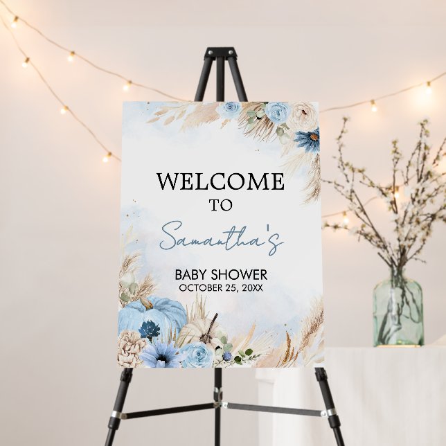Blue Boho Fall Pumpkin Baby Shower Welcome Sign (In Situ (Stand))