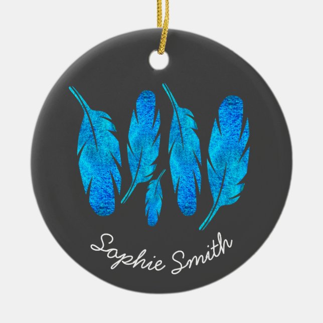 Blue boho feathers blue and gray ceramic ornament (Front)