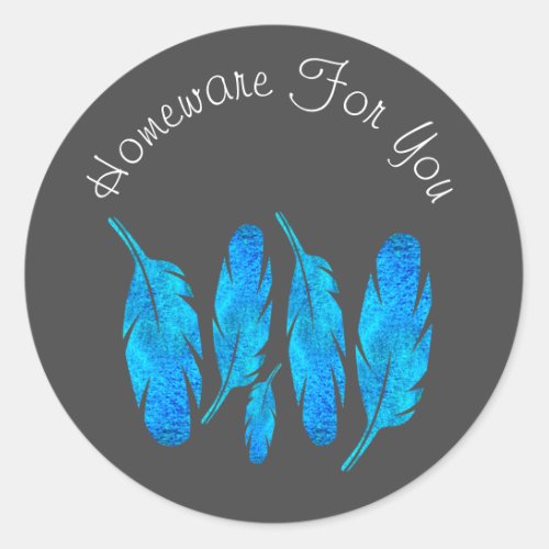 Blue boho feathers blue and gray classic round sticker