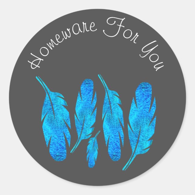Blue boho feathers blue and gray classic round sticker (Front)