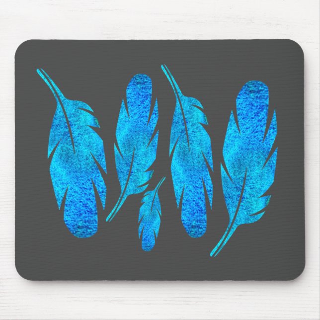 Blue boho feathers blue and gray mouse pad (Front)