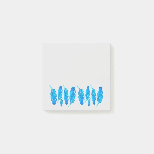 Blue boho feathers blue and gray post-it notes (Front)