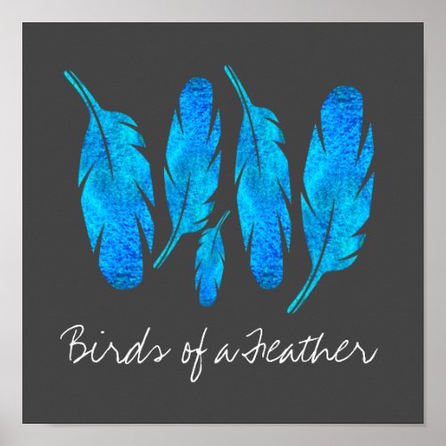 Blue boho feathers blue and gray poster