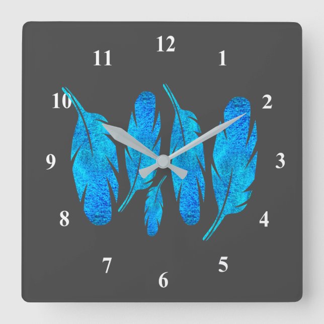 Blue boho feathers blue and gray square wall clock (Front)