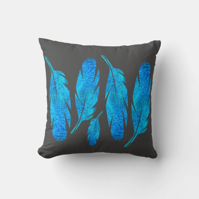 Blue boho feathers blue and gray throw pillow (Front)