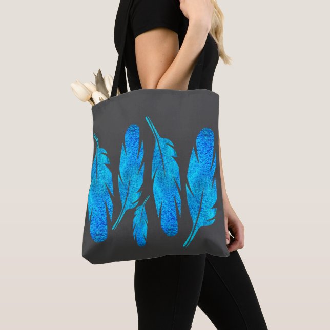 Blue boho feathers blue and gray tote bag (Close Up)