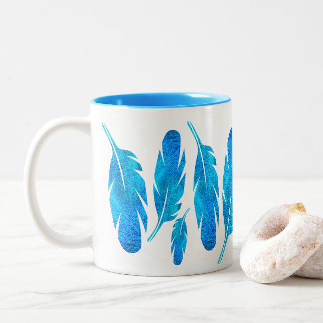 Blue boho feathers blue and gray Two-Tone coffee mug (With Donut)